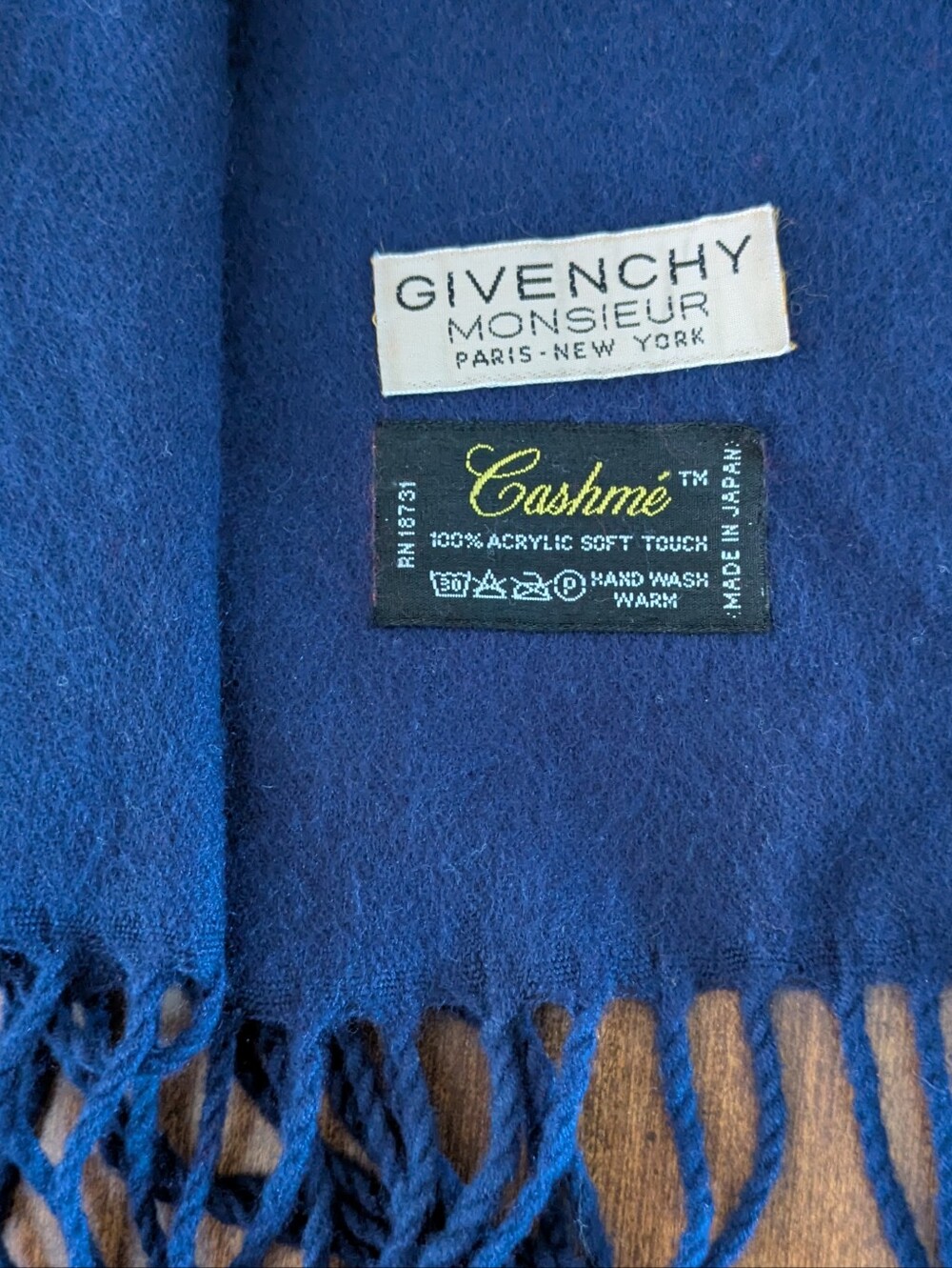 Vintage Givenchy Monsieur Cashmé Navy Fringe Scarf